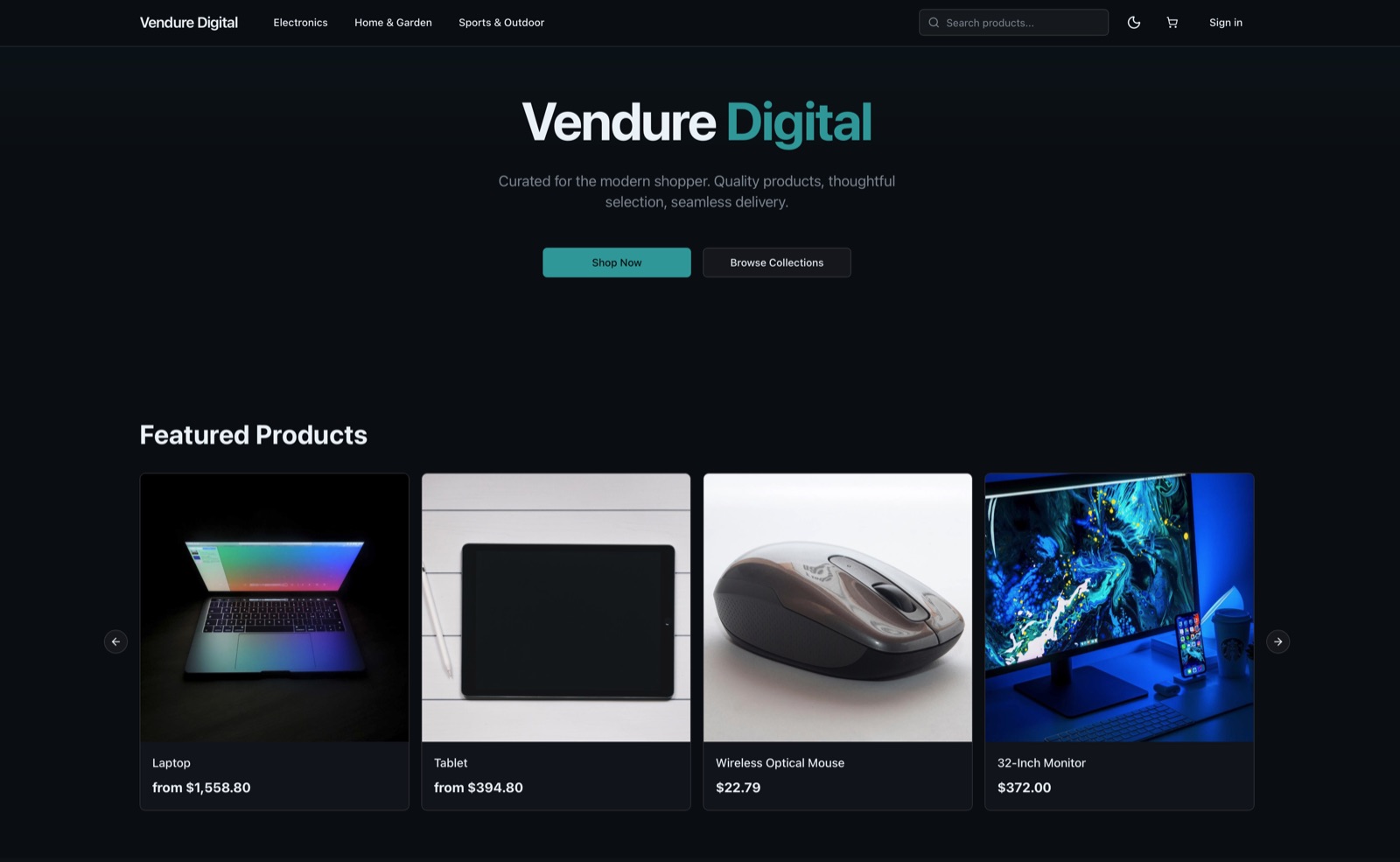 Commerce storefront with featured product catalog